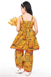 Multicolor cotton blend Rajasthani Palazzo pant top with yellow dupatta, premium quality for kids' fashion
